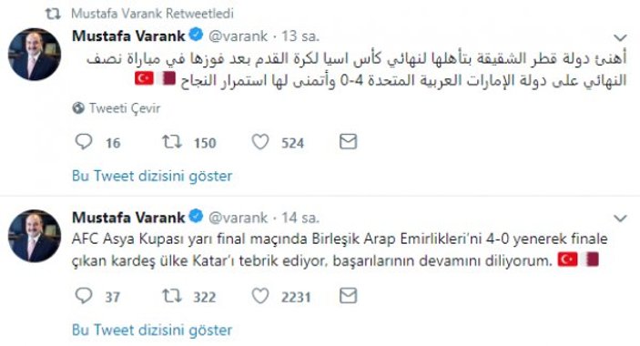 Bakan Varank Katar'ı tebrik etti