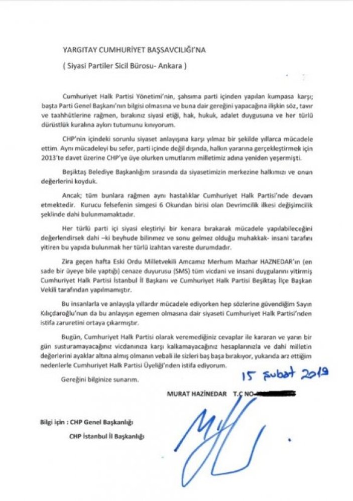 Murat Hazinedar CHP'den istifa etti