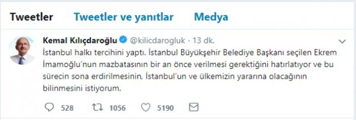 Kılıçdaroğlu, İmamoğlu'nun mazbatasını istedi