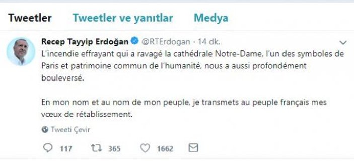 Cumhurbaşkanı Erdoğan'dan Fransızca 'Notre Dame' mesajı