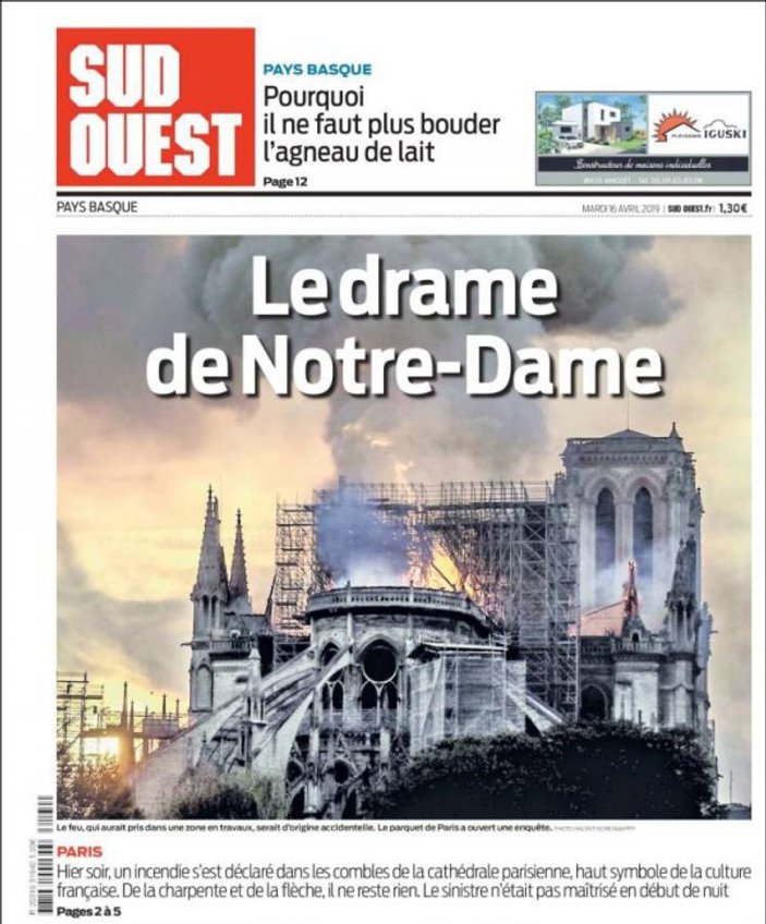 Fransız basınında Notre Dame yangını