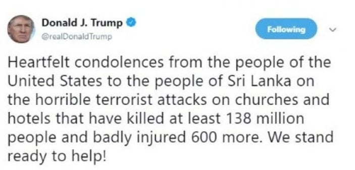Trump Sri Lanka saldırısında yanlış tweet attı
