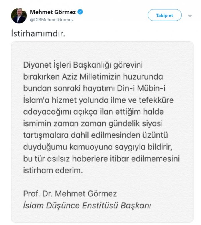 Mehmet Görmez, siyasete gireceği iddiasını yalanladı