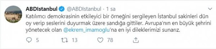 ABD İstanbul Konsolosluğu'ndan İmamoğlu'na tebrik mesajı