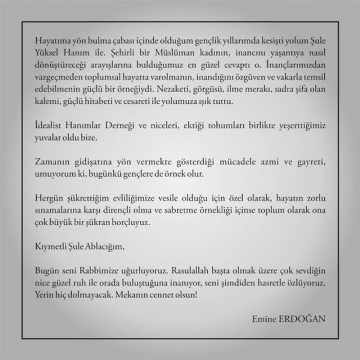 Emine Erdoğan, Şule Yüksel Şenler için mesaj yayınladı