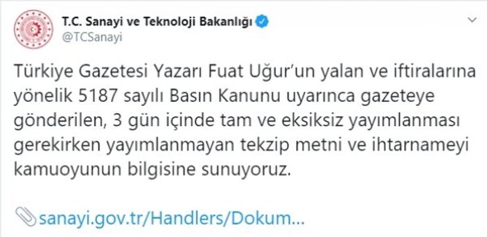 Sanayi ve Teknoloji Bakanlığı Türkiye gazetesini yalanladı