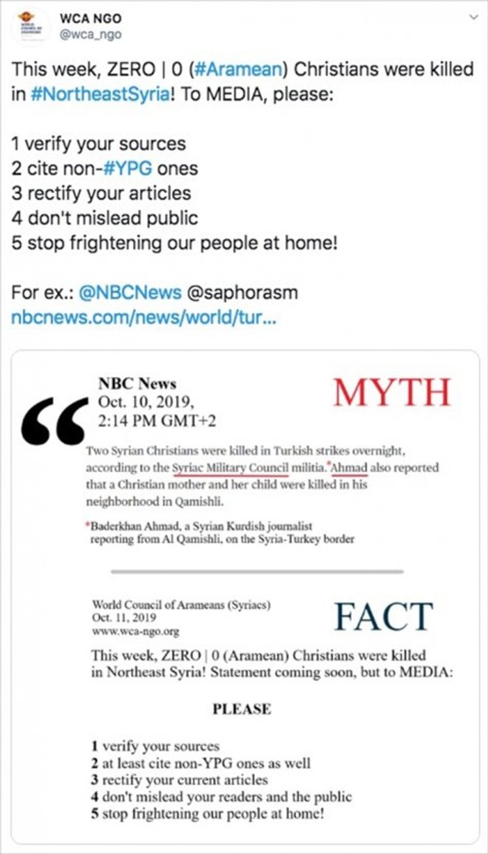 Süryaniler, NBC'yi yalan haberlere karşı uyardı