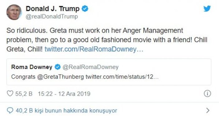 Trump, Greta'nın sakinleşmesi gerektiğini söyledi