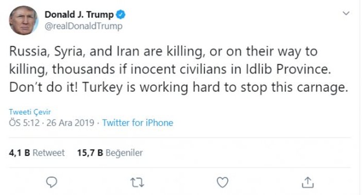 Trump: Türkiye İdlib’de katliamı durdurmaya çalışıyor