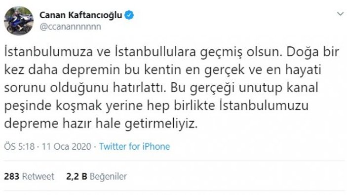Canan Kaftancıoğlu'nun deprem tweet'i