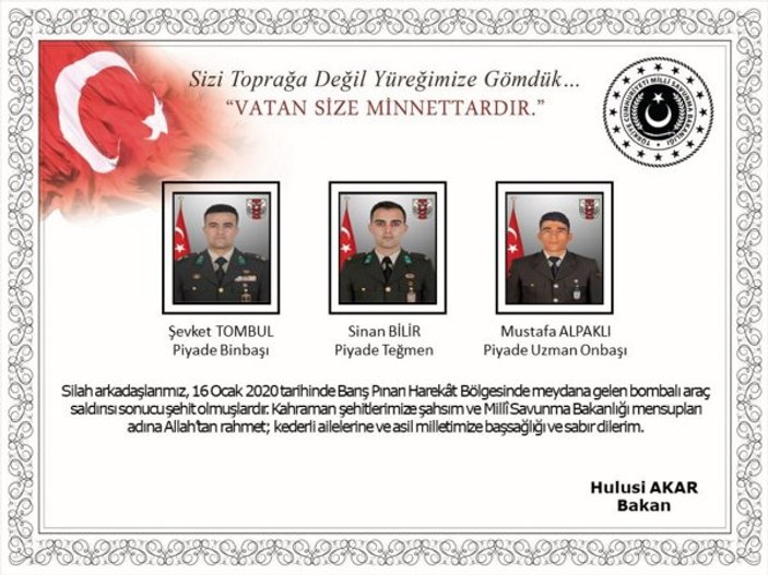 Barış Pınarı Harekat Bölgesi'nde 3 asker şehit oldu