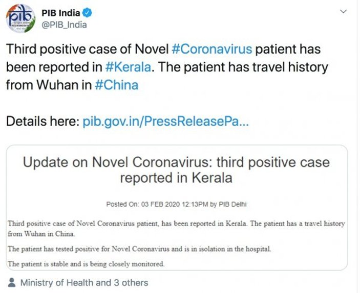 Hindistan'da 3. koronavirüs vakası tespit edildi