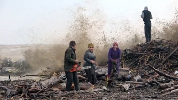 Mersin'de kıyıya vuran odunları toplamak için yarıştılar