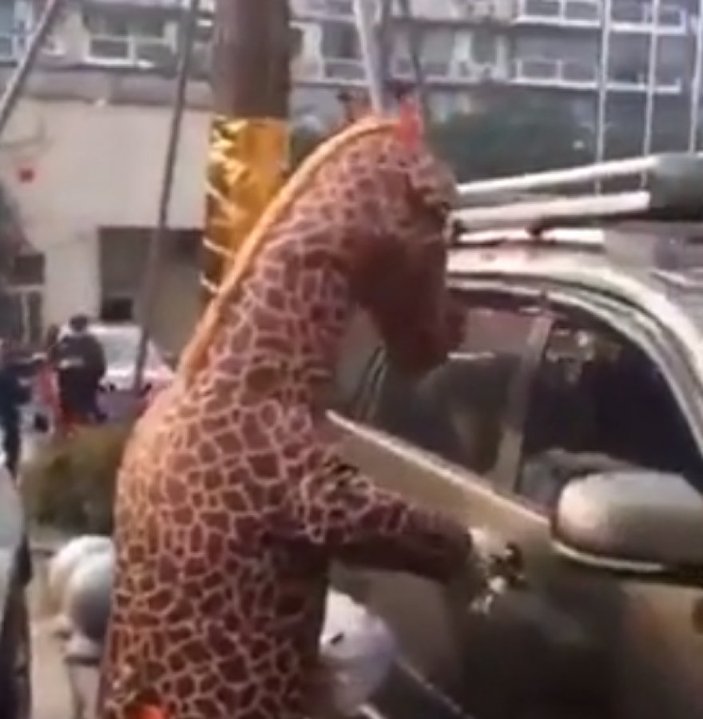 Koronavirüsten zürafa kostümüyle korunmaya çalışan Çinli
