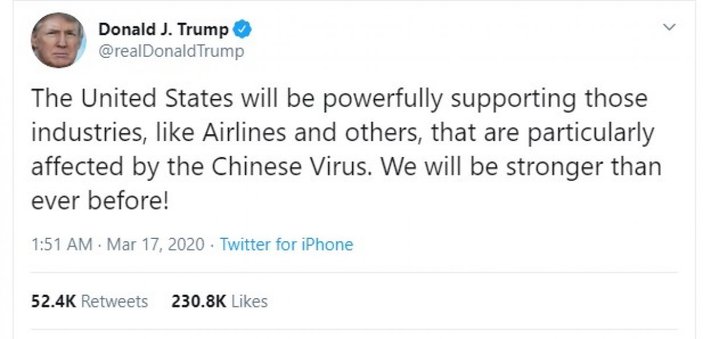 Trump, koronayı 'Çin virüsü' olarak adlandırdı