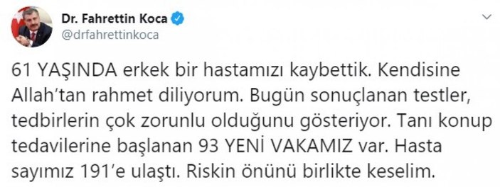 Türkiye'de koronavirüs sebebiyle 1 kişi daha öldü