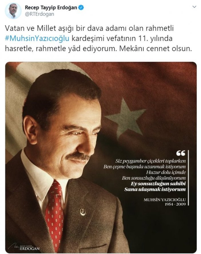 Erdoğan'dan Yazıcıoğlu için anma paylaşımı