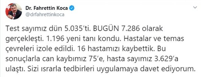 Türkiye'de koronadan ölenlerin sayısı 75'e çıktı