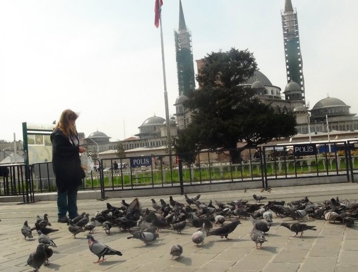 Taksim Meydanı'nda aç kalan kuşları besledi