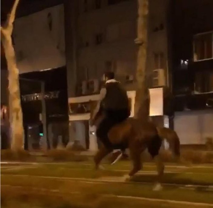 Tramvay yolunda atla yolculuk yaptı