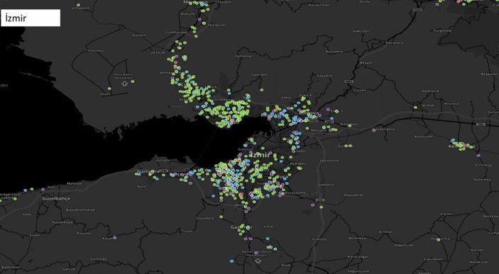 İzmir'de koronanın yayılımını gösteren harita