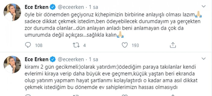 Ece Erken, ev sahibi ile yazışmasını paylaştı