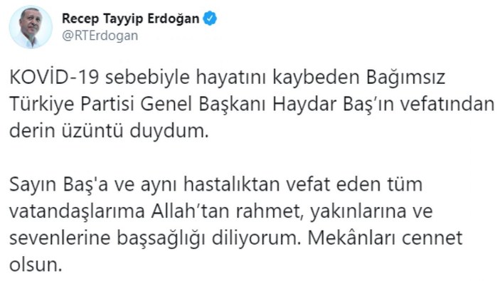 Cumhurbaşkanı Erdoğan'dan Haydar Baş için taziye mesajı