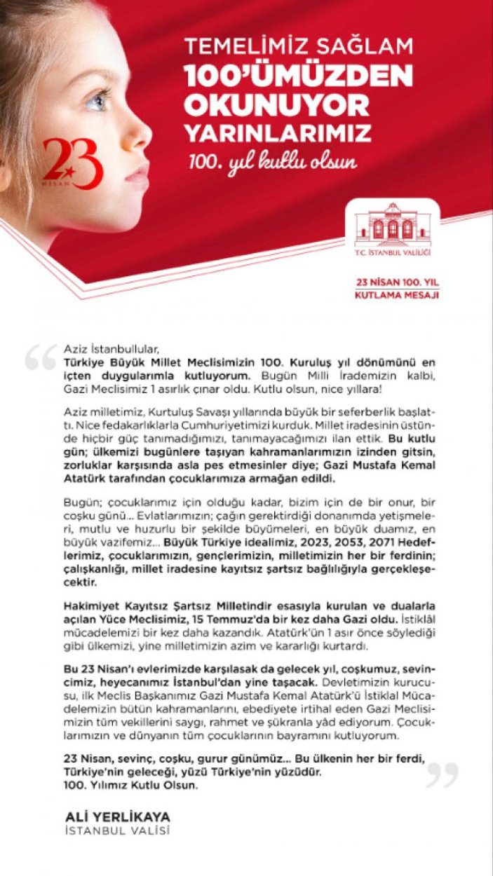 İstanbul Valisi Yerlikaya'dan 23 Nisan mesajı