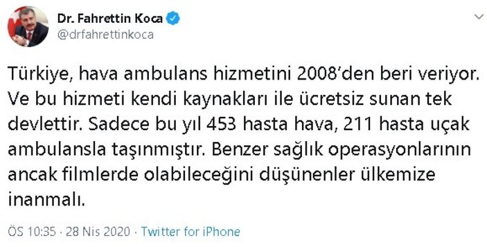 Sağlık Bakanı Koca'dan hava ambulans iddialarına yanıt