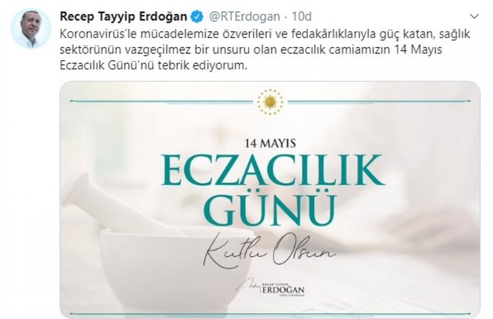 Cumhurbaşkanı Erdoğan'dan Eczacılık Günü mesajı