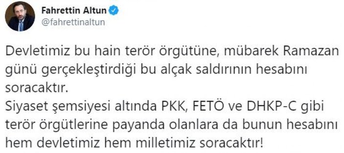 Altun: PKK'lı teröristler yine iyiliği hedef aldı