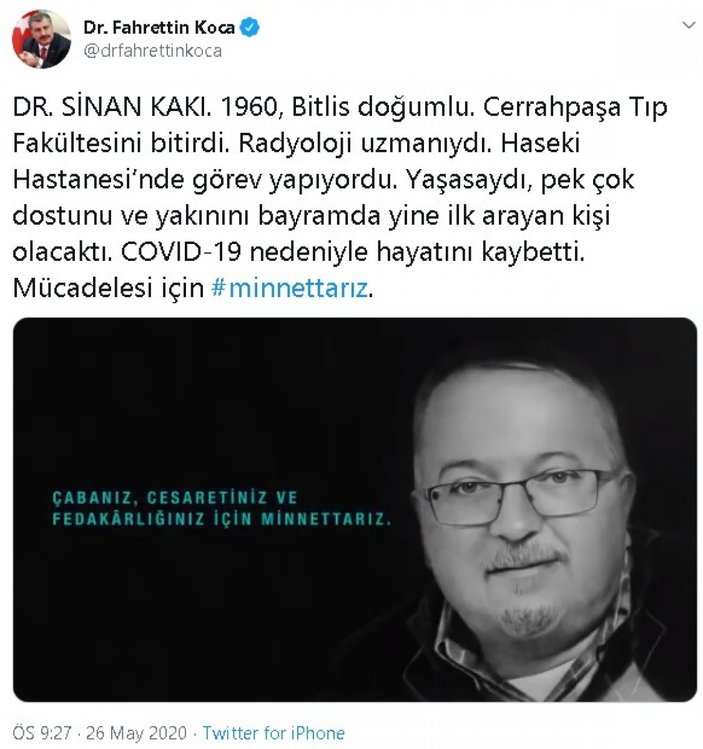 Bakan Koca, hayatını kaybeden Dr. Sinan Kakı'yı andı