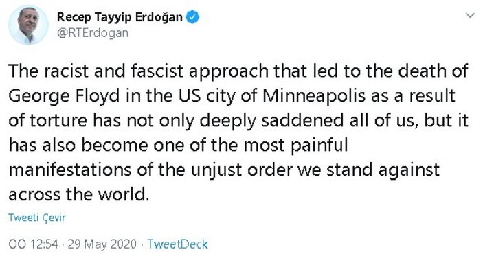 Cumhurbaşkanı Erdoğan, ABD'deki polis şiddetini kınadı