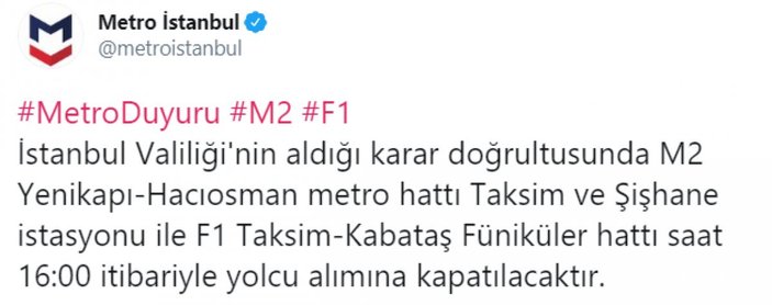 İstanbul'da bazı metro seferleri 16.00'da sona erecek