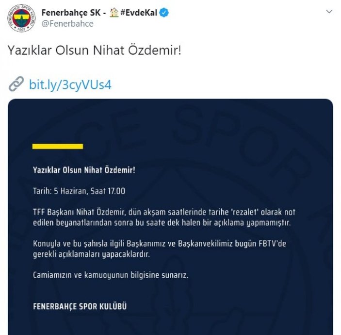 Fenerbahçe: Yazıklar olsun Nihat Özdemir