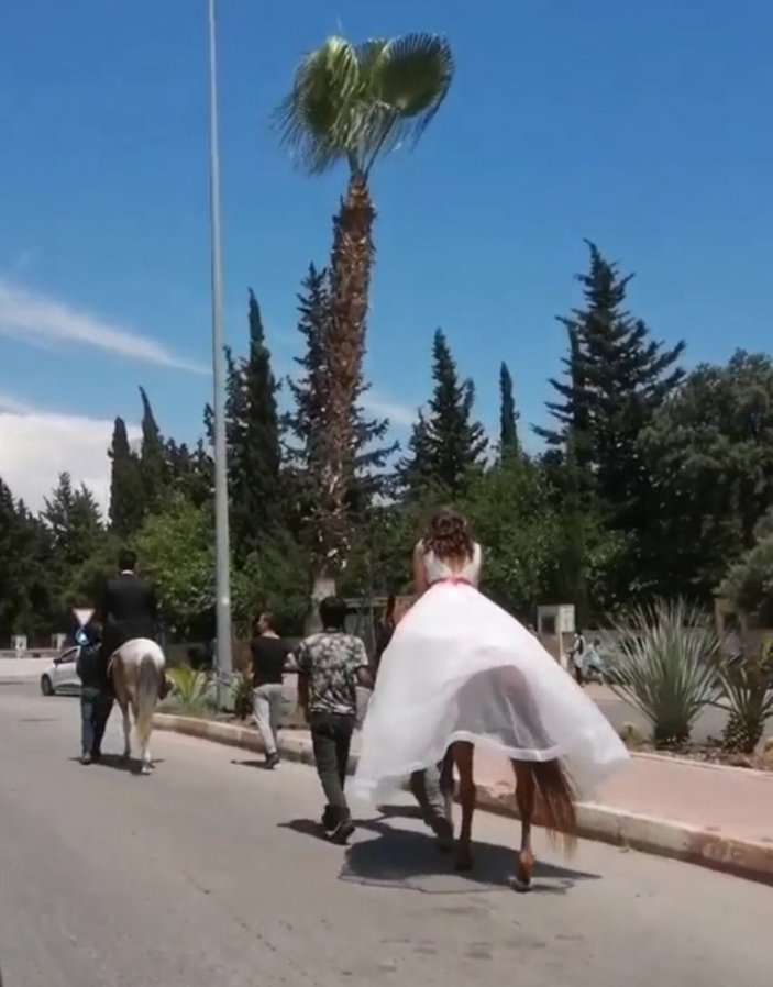 Antalya'da gelin ve damat düğüne atla gitti