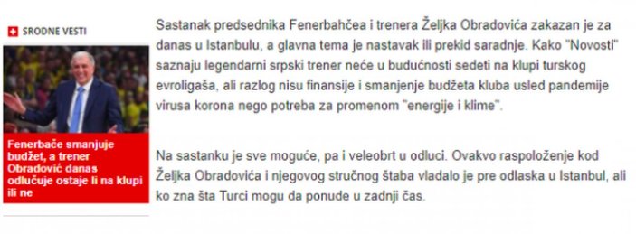 Sırp basını: Obradovic, Fenerbahçe'den ayrılıyor