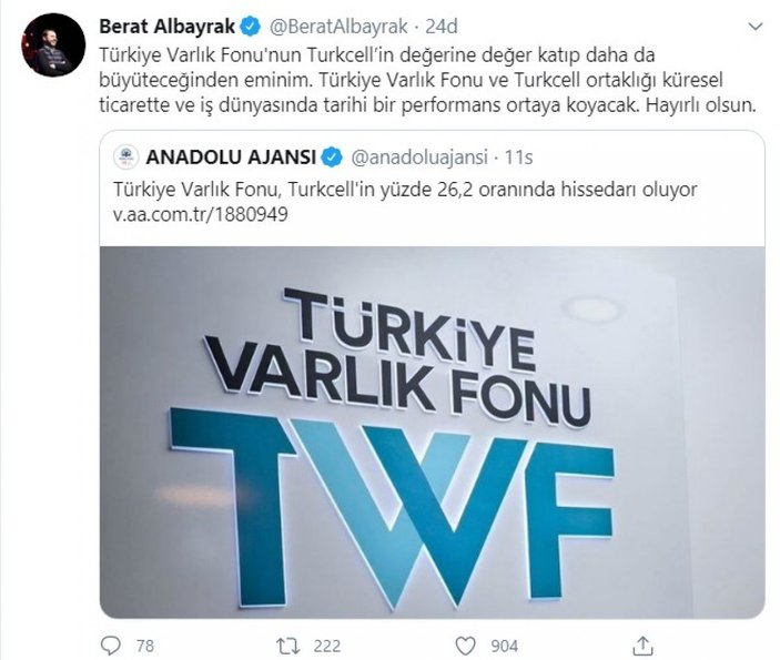 Bakan Albayrak, Türkiye Varlık Fonu’nu tebrik etti