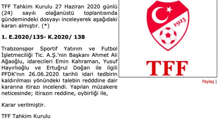 TFF, Trabzon'un itirazını reddetti
