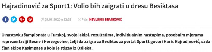 Hajradinovic: Beşiktaş forması giymek isterim