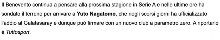 Benevento, Nagatomo'yu istiyor