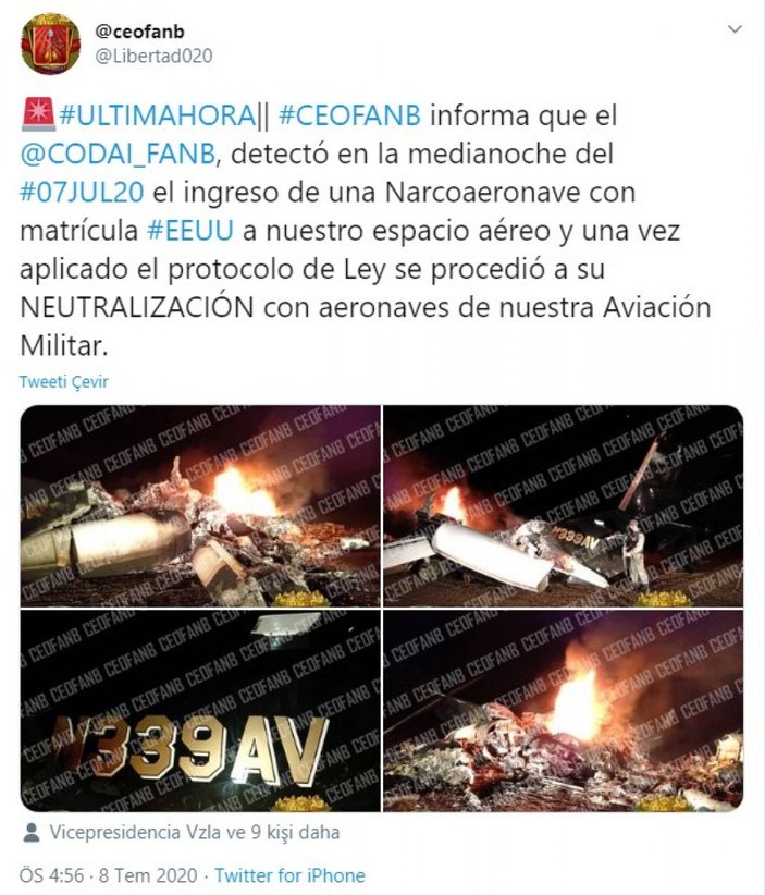 Venezuela ordusu hava sahasına giren ABD uçağını düşürdü