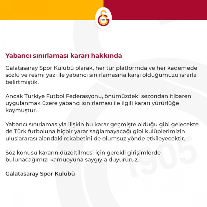 Galatasaray: Yeni yabancı kuralına karşıyız