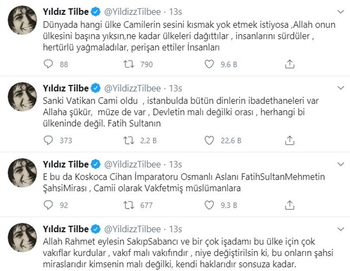 Yıldız Tilbe'den art arda Ayasofya tweet'leri