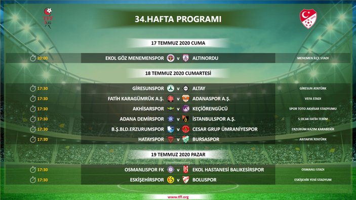 TFF 1. Lig'de 34. haftanın programı