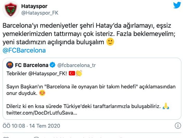 Hatayspor'dan Barcelona'ya davet