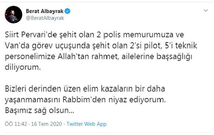 Berat Albayrak'tan şehit polisler için başsağlığı mesajı