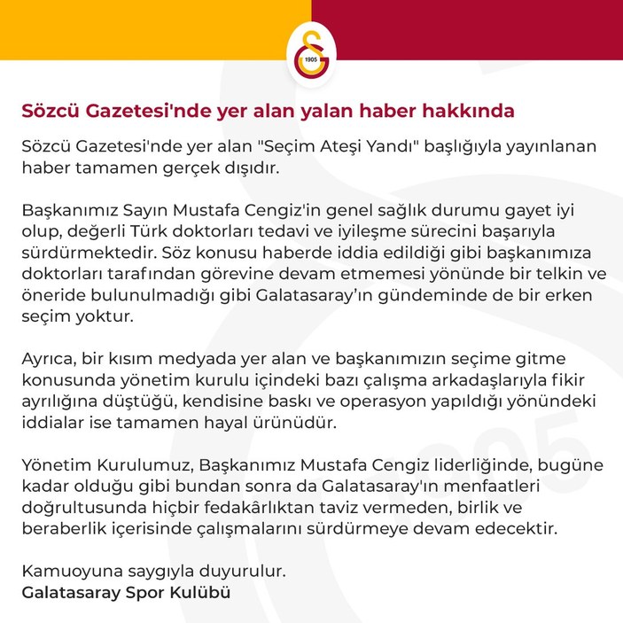 Galatasaray'dan açıklama: Erken seçim yok