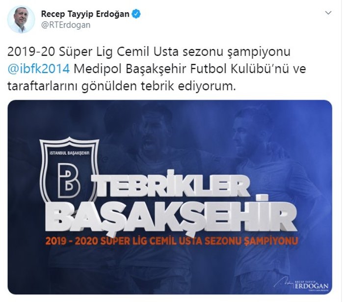 Erdoğan şampiyon Başakşehir'i tebrik etti
