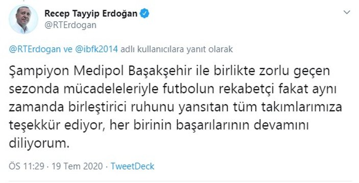 Erdoğan şampiyon Başakşehir'i tebrik etti
